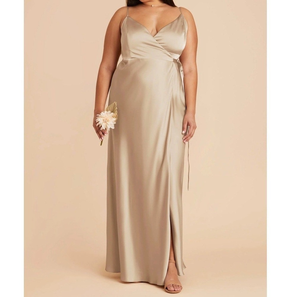 Birdy Grey Cindy Satin Dress Sz 2X Neutral Champagne Wrap Maxi Bridesmaid Gown